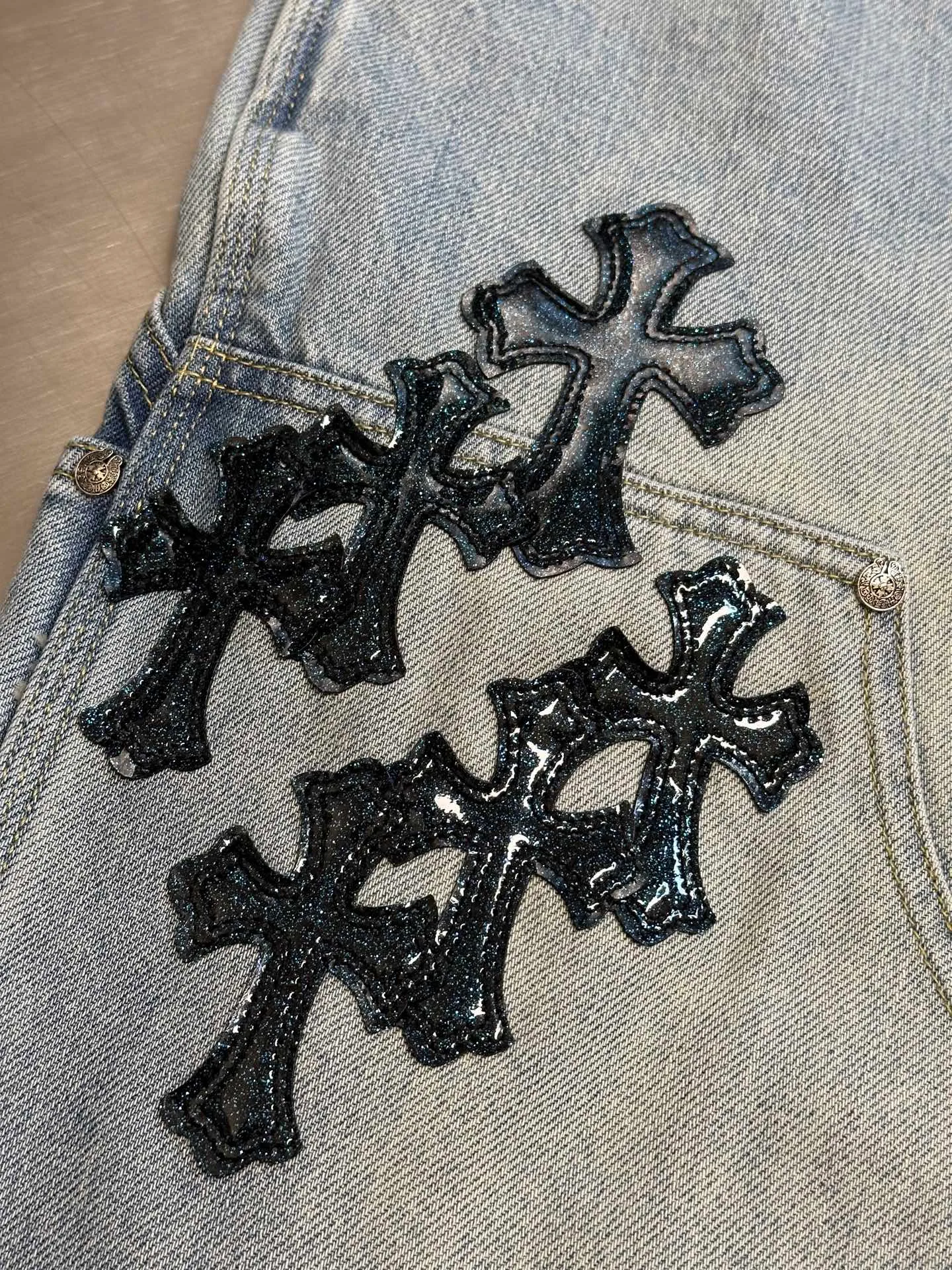 🅿️590 Crow Heart Cross Starry Sky Pastel Leather Jeans size: 31.32.33.34